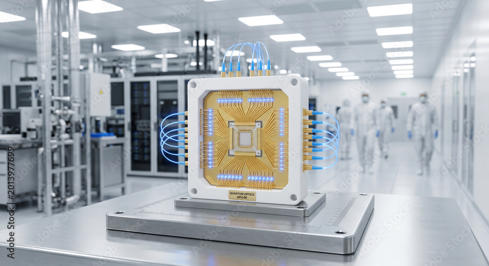 Fototapeta premium Quantum computing technology showcased in a modern laboratory, with scientists working in background, advanced tech.