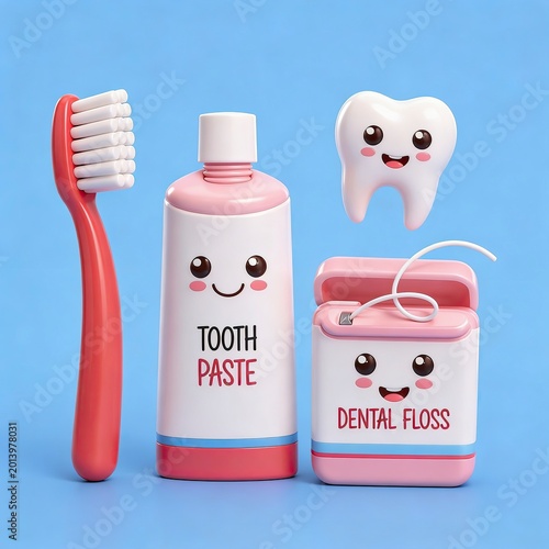 Cute Dental Care Products with Smiling Tooth