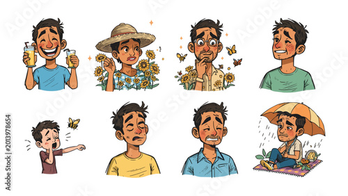 Schilderij op canvas Emotions: A cartoon compilation of person expressing different states of mind and experience, offering a range of feelings, from happiness and surprise to sorrow and fear