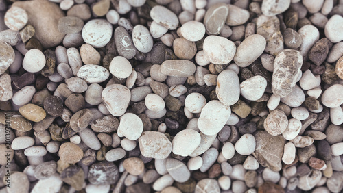 Close-up of smooth natural river pebbles and sea stones