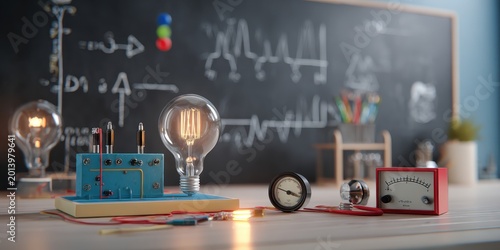 Electrical experience in physics laboratory. Electric circuit and a light bulb on a school chalkboard with formulas text blurred background. Modern Education. Science equipment learning electricity