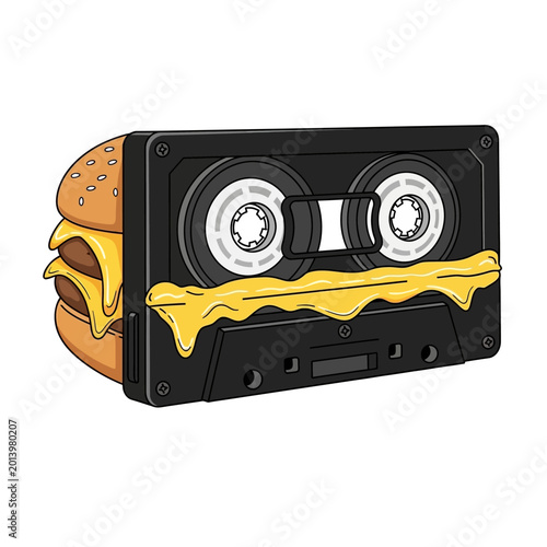 Retro Cassette Tape Burger with Melting Cheese, Music Food Concept