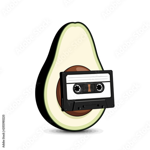 Retro Cassette Tape Inside Ripe Avocado Half, Vintage Music Concept