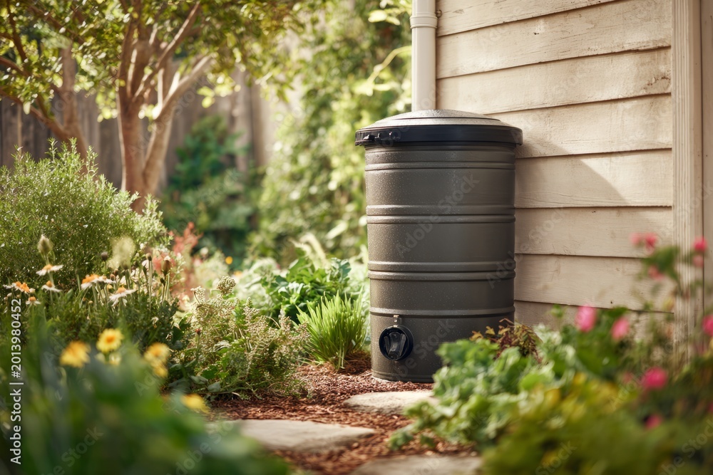 Obraz premium Rain barrel connected to downspout in backyard garden