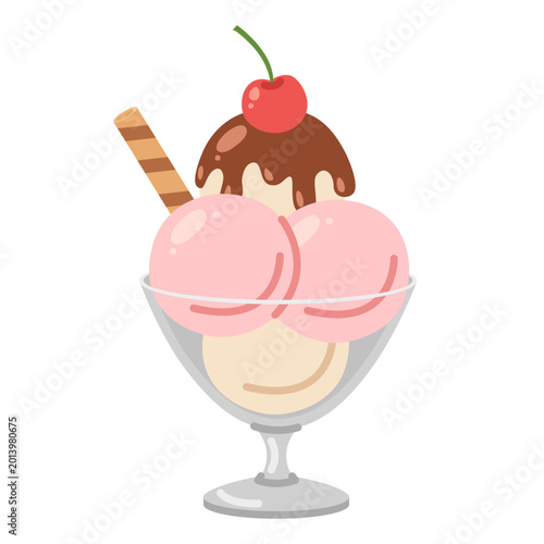 Εκτύπωση καμβά Ice Cream Multiple Scoops with Cherry and Topping in a Glass Bowl Isolated on a White