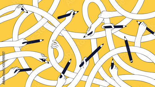 illustration of numerous hands holding pencils creative collaboration concept on yellow background high quality professional detailed modern elegant