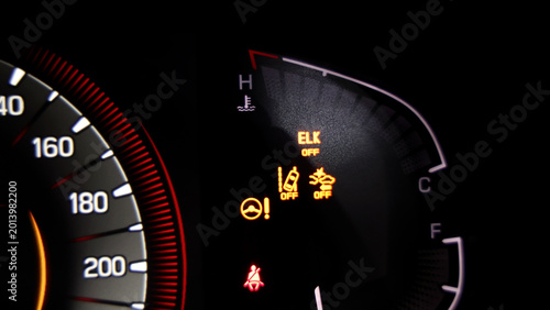 Car dashboard. Modern digital car dashboard with illuminated speedometer warning icons fuel gauge driver assistance and other indicators. Advanced automotive instrument cluster tech in future vehicle