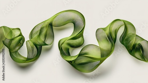 Elegant Green Chiffon Ribbon Swirl and Abstract Fabric Wave Isolated on White Background