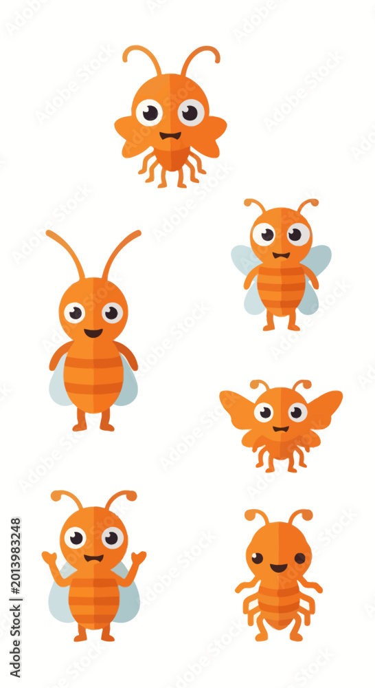 Fototapeta premium Cute Orange Cartoon Insects Collection: Bees, Ants, Bugs - Vector Illustration