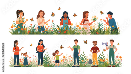 Εκτύπωση καμβά A Community Amidst Flora and Fauna: Illustration captures various individuals of diverse backgrounds engage with flourishing flora and graceful butterflies, creating a vibrant community garden scene