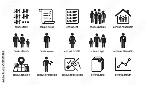 Census and population icons arranged in labeled grid on white