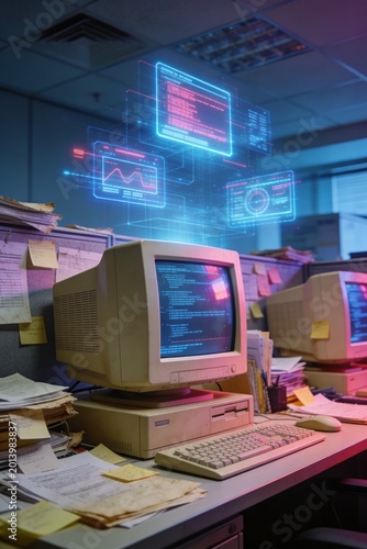 Retro Futuristic 1990s Office with CRT Computers and Holographic Interfaces