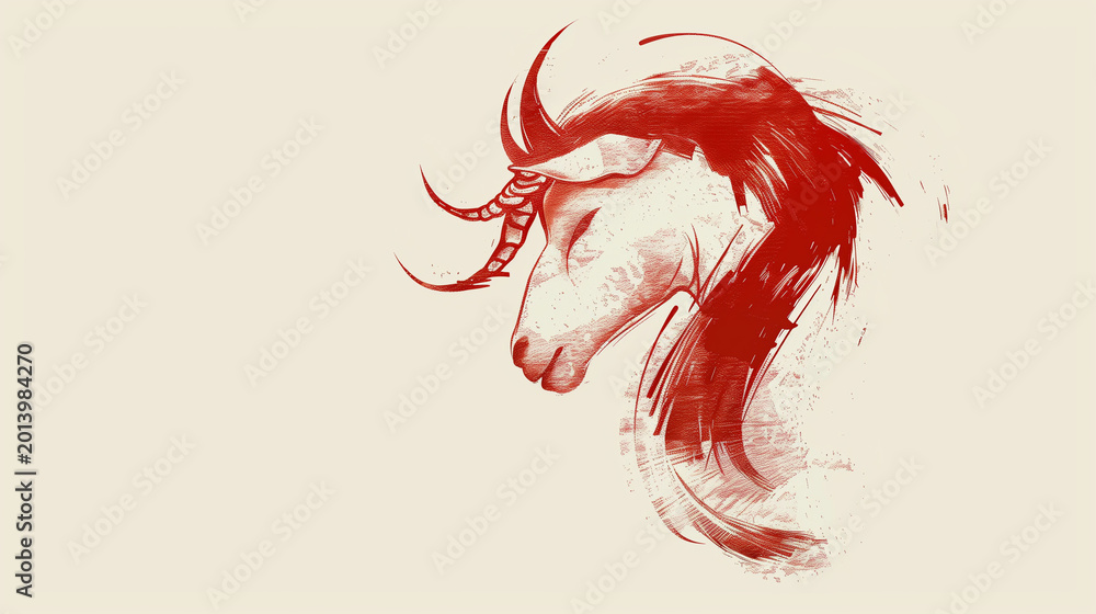 Fototapeta premium Minimalist red ink goat head sketch with flowing brush strokes and negative space on warm cream background for chinese new year 2027 