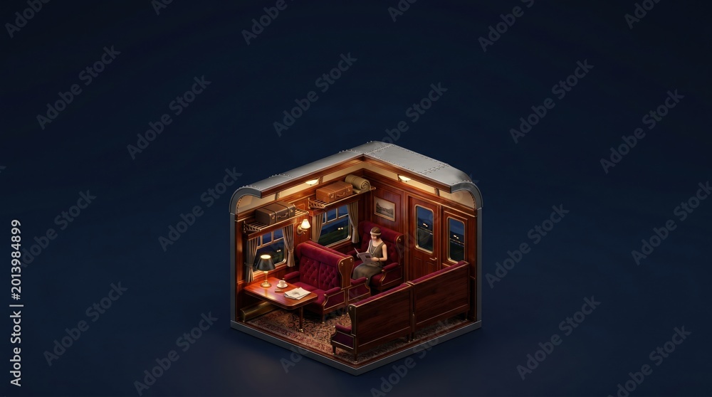 Obraz premium Woman reading inside a vintage luxury train cabin at night 3D render