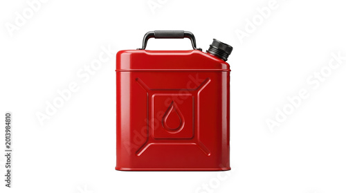 Isolated red plastic gasoline jerrycan and fuel pump nozzle for pouring flammable liquid energy into a car engine tank