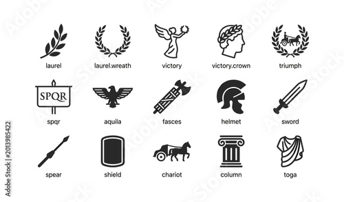 Roman and classical symbols icons arranged in grid on white background