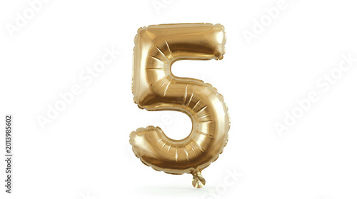 Golden balloon numeral 5 floating in the air isolated on a white background