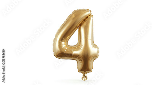 Golden balloon numeral 4 floating in the air isolated on a white background