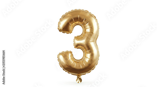 Golden balloon numeral 3 floating in the air isolated on a white background