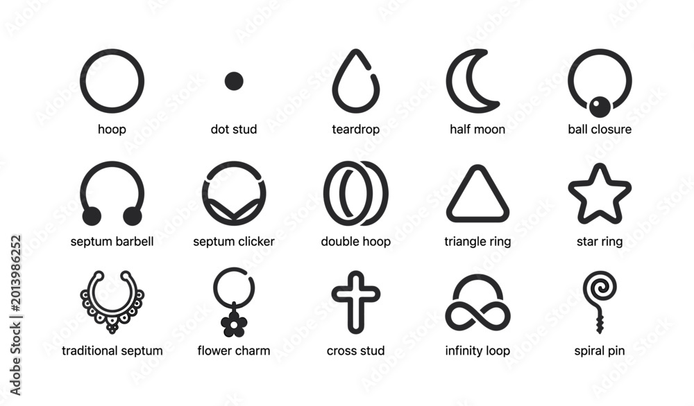 Fototapeta premium Body jewelry icons displayed in labeled grid on white background