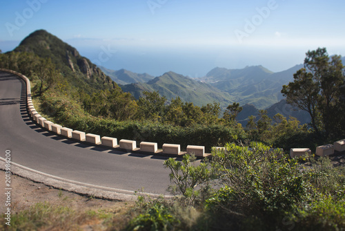 Winding mountain road with ocean views in Anaga Rural Park Tenerife