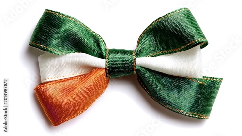 St. Patrick's Day Satin Bow Tie with Irish Tricolor Ribbon Design in Green, White, and Orange Isolated on White Background