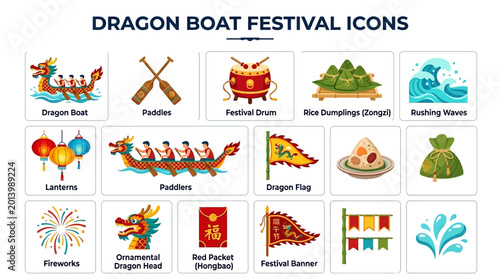 Dragon Boat Festival icons depict traditional Chinese culture with dragon boat, paddles, drums, zongzi, and festive banners in a lively scene