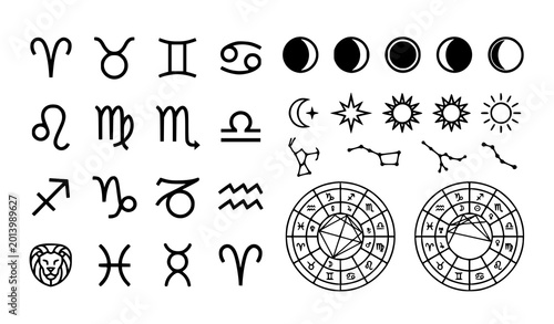 Foto Astrology symbols collection zodiac signs lunar phases and celestial elements