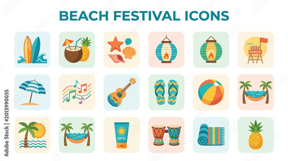 Fototapeta premium A vibrant beach festival with various summer icons on display