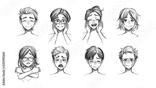 Schilderij op canvas Expressing Emotions: A spectrum of diverse emotive faces showcase a range of human feelings, each one drawn with exquisite detail