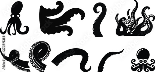Foto Octopus Tentacle Icon set, Vector Sea Monster Arm Silhouette, Kraken Tentacles S