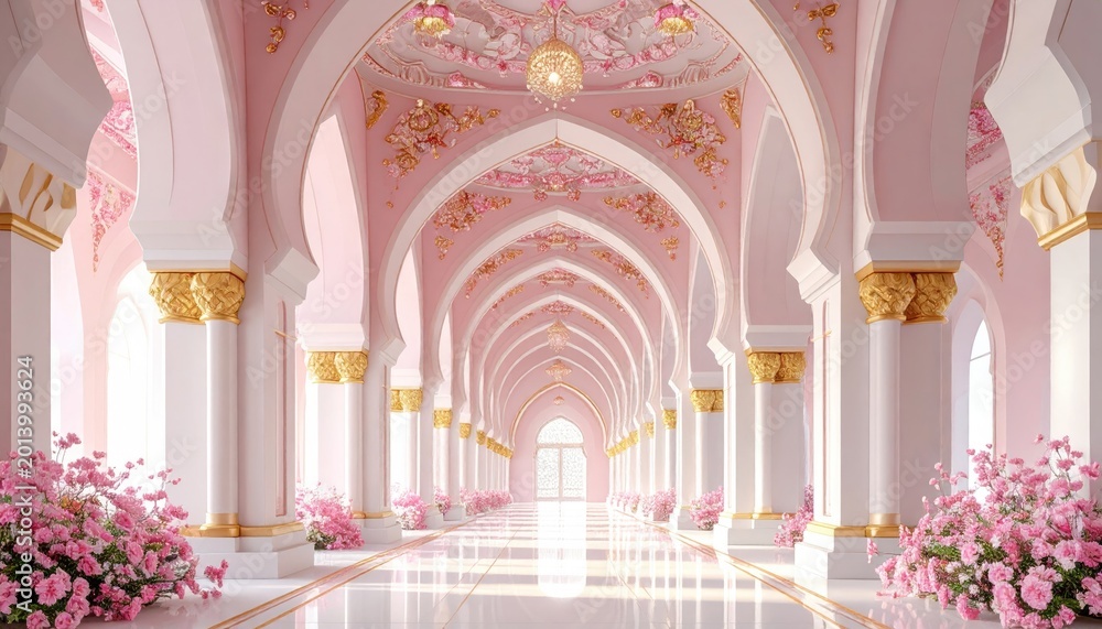 Fototapeta premium Pink arch hallway with floral decor, elegant corridor. use fantasy background