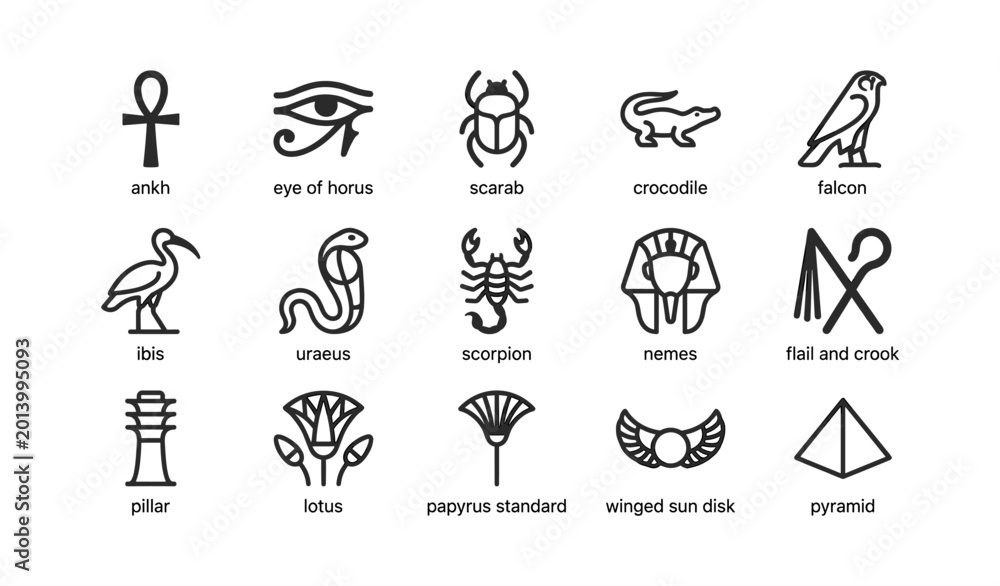 Fototapeta premium Egyptian symbols arranged in labeled icon grid on white