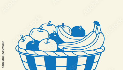 Fotografie Stylized blue line art of fruit basket showing various apples and bananas in flat aesthetic