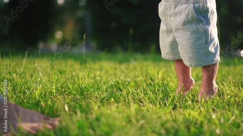 baby first steps. happy family a kid dream concept. baby walks on the grass learns to walk in the city park close-up. baby first steps in nature. dad teaches son lifestyle to walk