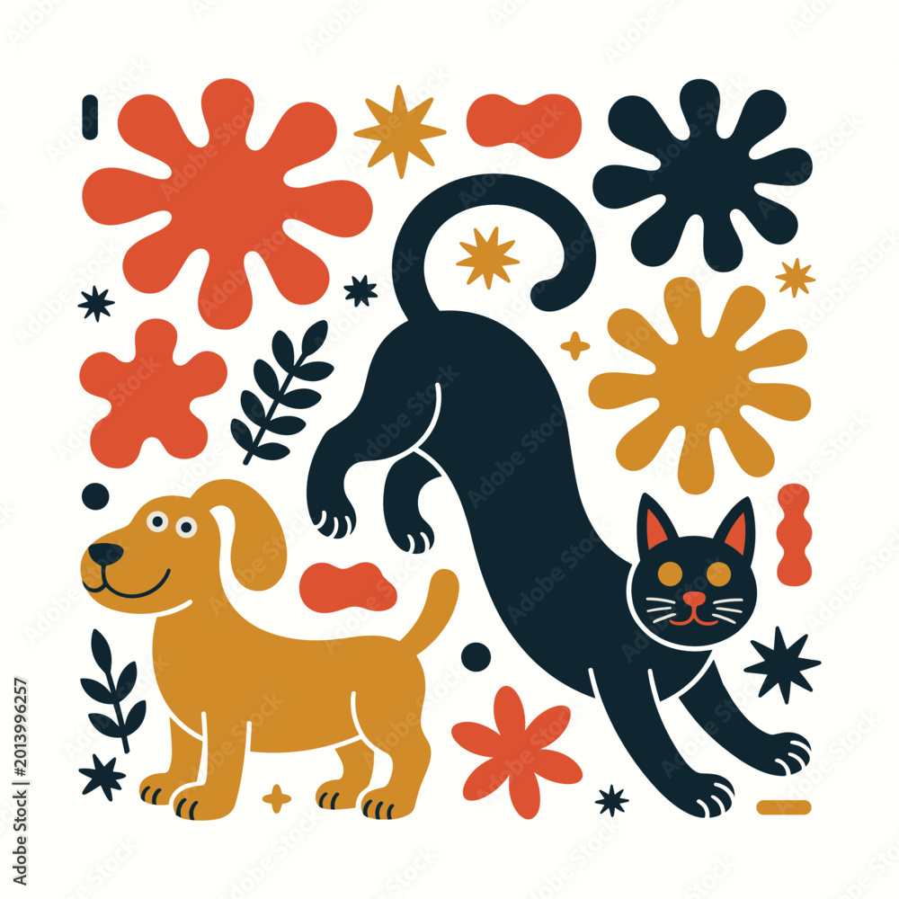 Fototapeta premium Animals play together outdoor joyful scene with dog and cat