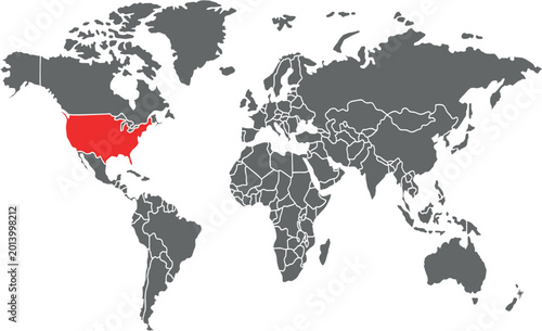 United States Highlighted on World Map with Country Borders Artwork