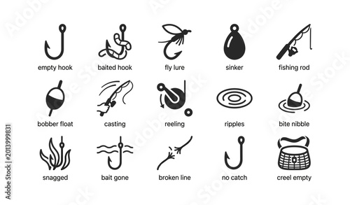 Fishing hooks and tackle icons showing equipment and outcomes