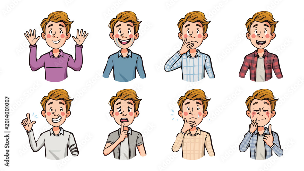 Fototapeta premium Expressions of Every Day: A collection of various emotions, depicting the nuanced facets of human feelings from joy to concern, offering a glimpse into the diverse states of mind.