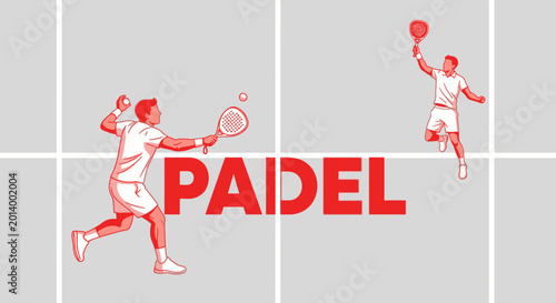 Dynamic Padel Action Depicted in a Vibrant Illustration with Bold Red Accents on Grey Background