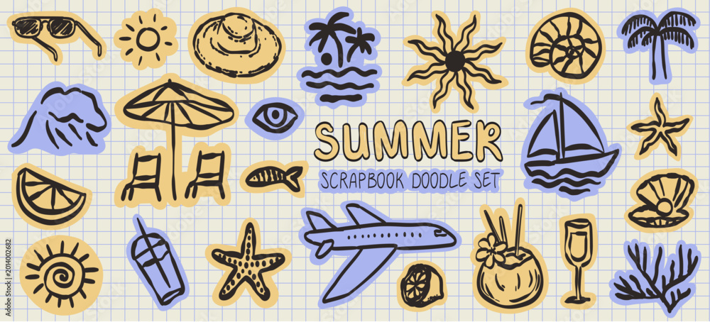 Obraz premium Summer beach sea memories doodle sticker set. Crayon sketch naive coastal drawings. Vector summertime sea travel scrapbook hand drawn collage illustrations for journal, dairy, notebooks, social media.