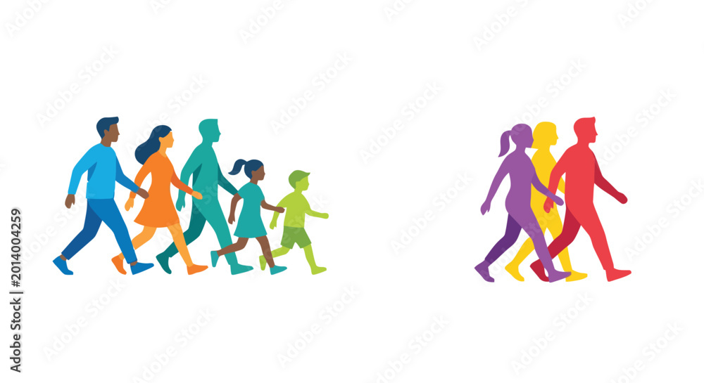 Obraz premium group of people walking together colorful vector illustration