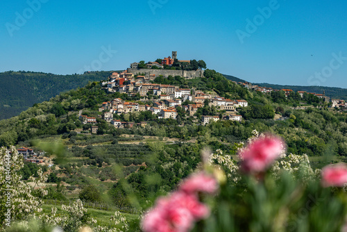 Croatia, Motovun, April 29, 2026, panoramic view of the beautiful medieval town and fortress of Motovun, situated atop a high hill on the Istrian peninsula. 