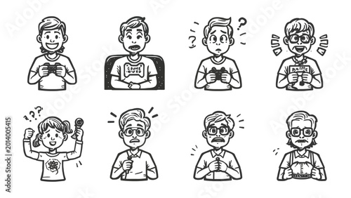 Fotografi Gaming Emotions: Diverse expressions of individuals engrossed in the world of gaming, each face mirroring a unique emotional response, from excitement to confusion
