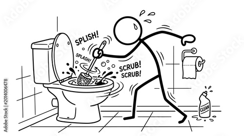 Canvastavla Stick figure cleaning toilet with brush.