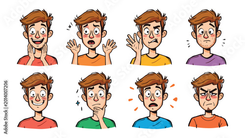 Expressions of a Young Man: A series of vibrant illustrations showcases a young man expressing various emotions, each drawing the viewer into a range of human feelings and experiences.