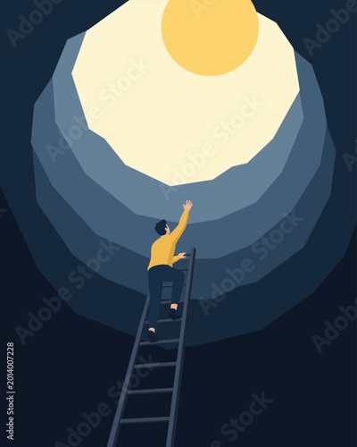 Man climbing ladder toward light in dark tunnel. Mental health illustration