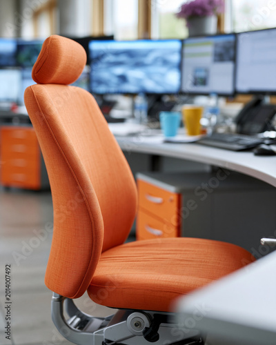 Orange ergonomic chair sits in modern office space. Bright color contrasts with sleek, contemporary furniture. Multiple monitors display active workstations behind. Soft lighting enhances clean
