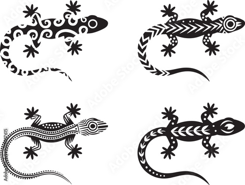 Set of tribal lizard icons with black decorative patterns