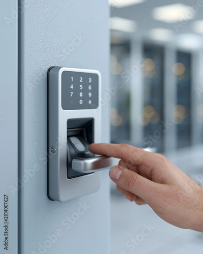 Hand presses keypad on modern security door. Finger glides over metallic sensor slot. Clean, metallic surfaces reflect soft lighting. Background hints at office or secure facility